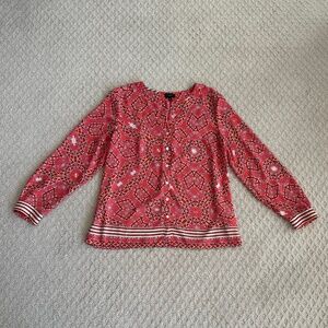 Talbots Split Neck Geometric Print Long Sleeve Blouse Coral/Pink MP Lightweight